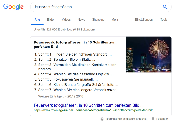 Beispiel für ein hervorgehobenes Snippet bzw. Featured Snippet